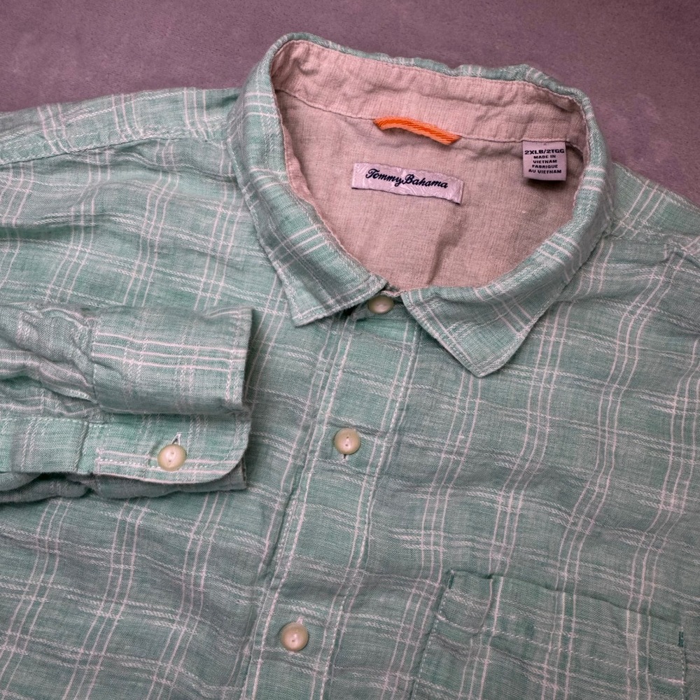 Tommy Bahama Mens 2XLTG Gingham Linen Blend Long Sleeve‎ Button Down Shirt*